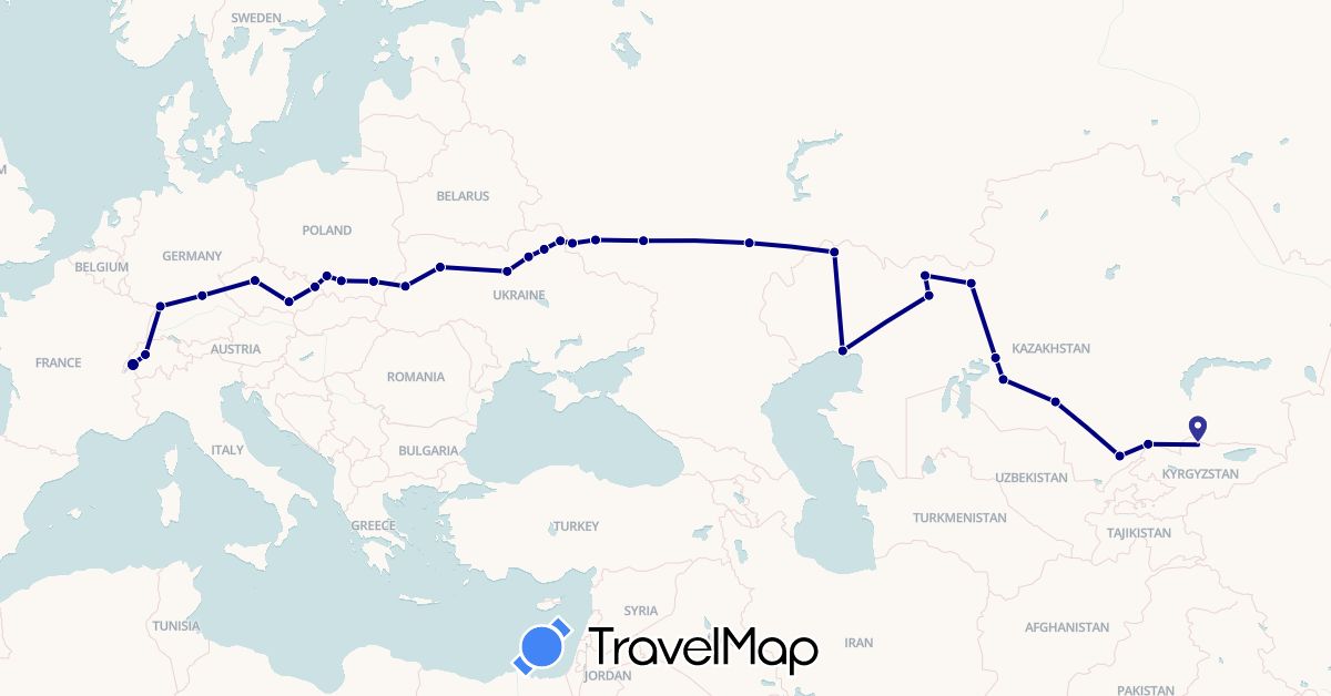 TravelMap itinerary: driving in Switzerland, Czech Republic, Germany, Kyrgyzstan, Kazakhstan, Poland, Russia, Ukraine (Asia, Europe)